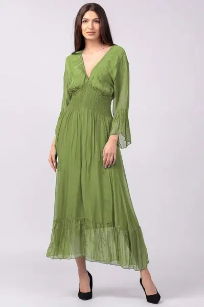 Rochie verde oliv din matase si vascoza cu banda elastica in talie si volane