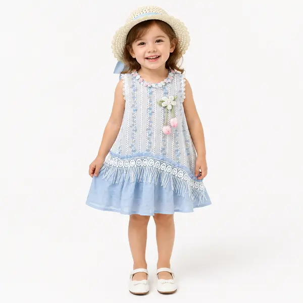 Rochiță Fetițe Albastru Broderie Florală Miriam - 18-24 luni