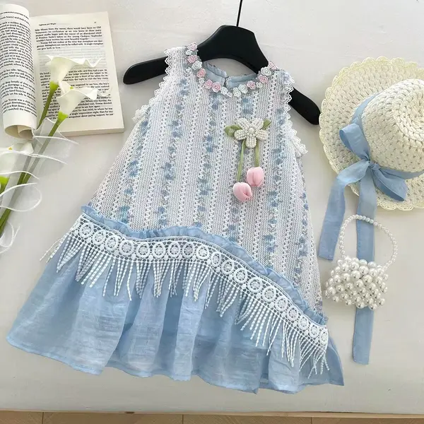 Rochiță Fetițe Albastru Broderie Florală Miriam - 2-3 ani