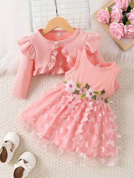 Rochiță și Bolero Roz Tulle și Aplicații Florale Noelia - 6-9 luni