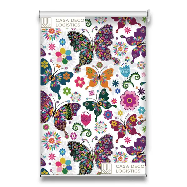 Roletă textilă Floral 8009 albă cu fluturi și flori colorate