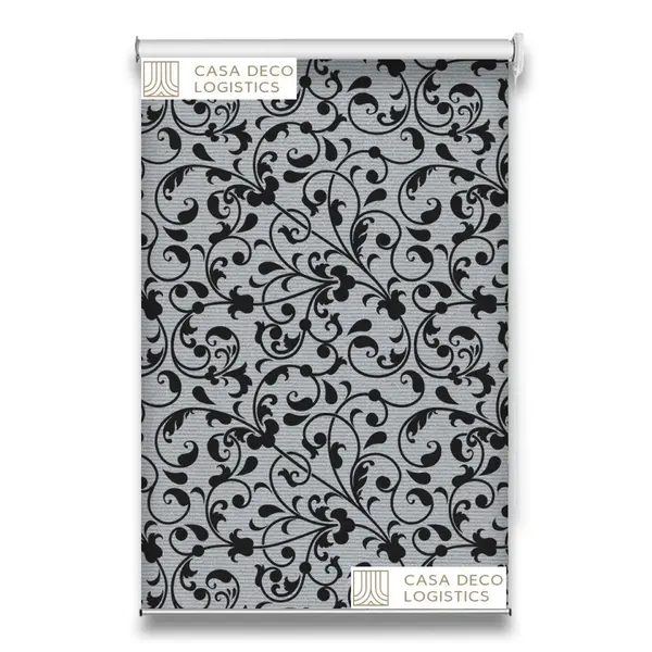 Roletă textilă Floral 8012 albă cu model floral ornamental gri-negru