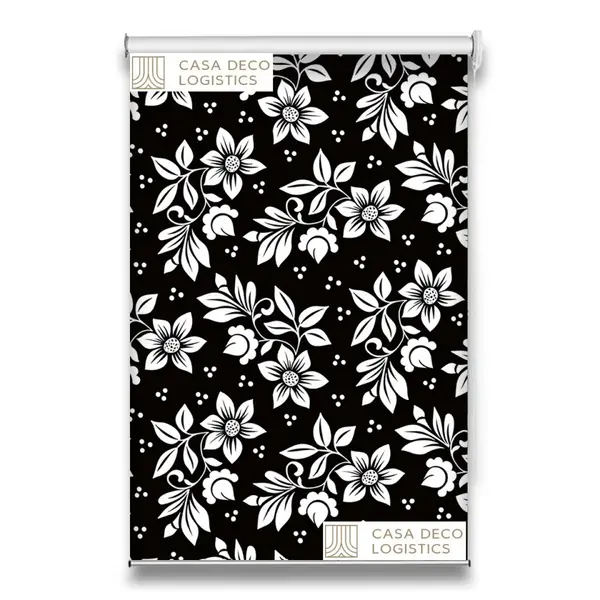 Roletă textilă Floral 8013 neagră cu model floral alb