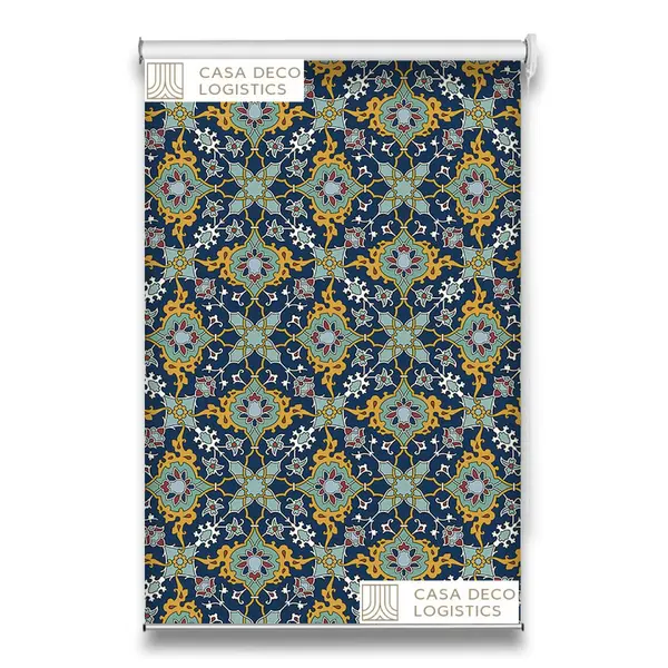 Roletă textilă Royal 5014 albastru cu model ornamental auriu