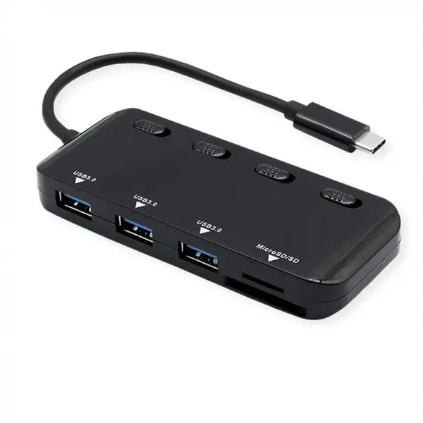 Roline HUB USB 3.2 type C la 3 x USB-A + cititor de carduri cu switch ON/OFF, Roline 14.02.5059