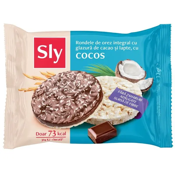 Rondele din Orez Integral cu Cocos si Glazura de Cacao si Lapte fara Zahar Adaugat 32g