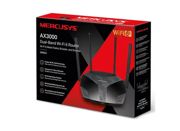Router Wireless Gigabit MERCUSYS MR80X AX3000, WI-Fi 6, Dual-Band 574 + 2402 Mbps, negru