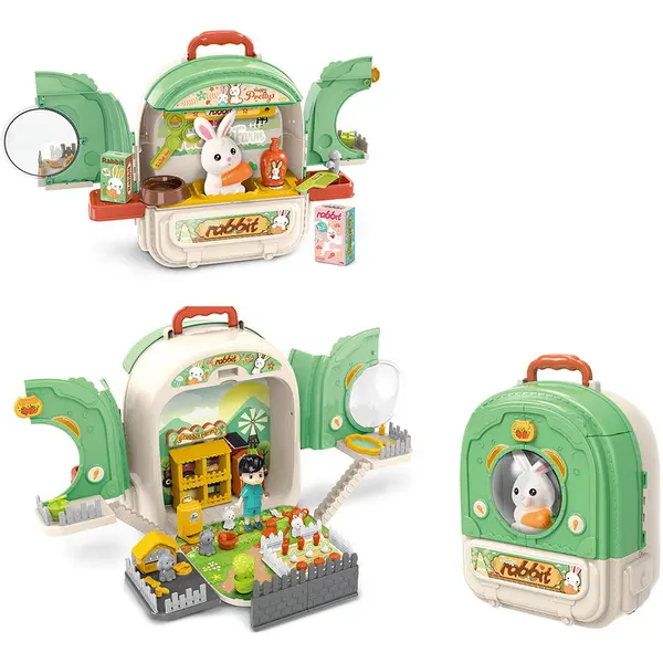 Rovo Jucarie 3 in 1 Set ghiozdan Rovo 999-2, Iepuras, Fermier, Accesorii incluse, 3 ani+