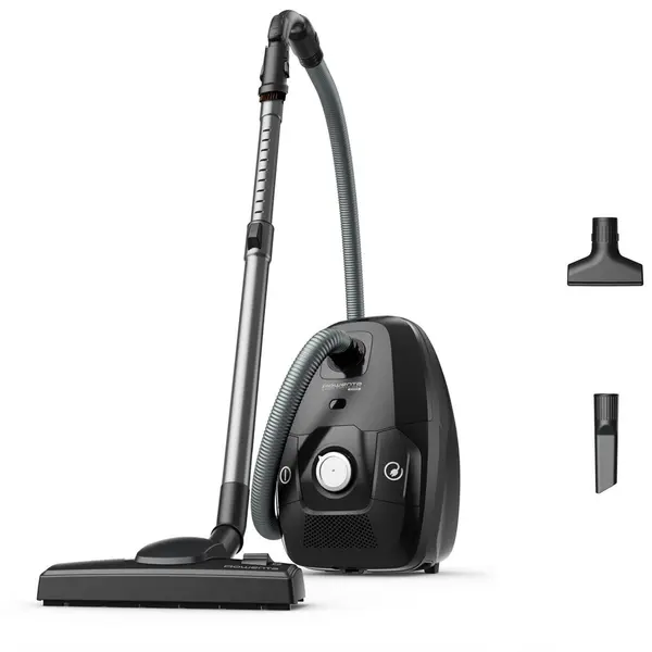 Rowenta Aspirator cu sac Rowenta Green Force Max Silence RO6136EA, 900W, 70% plastic reciclat, 3 niveluri de filtrare, sac Hygiene+, lungime cablu 8.4m, recipient praf 4.5L, perie EasyBrush, indicator umplere sac, Negru/ argintiu