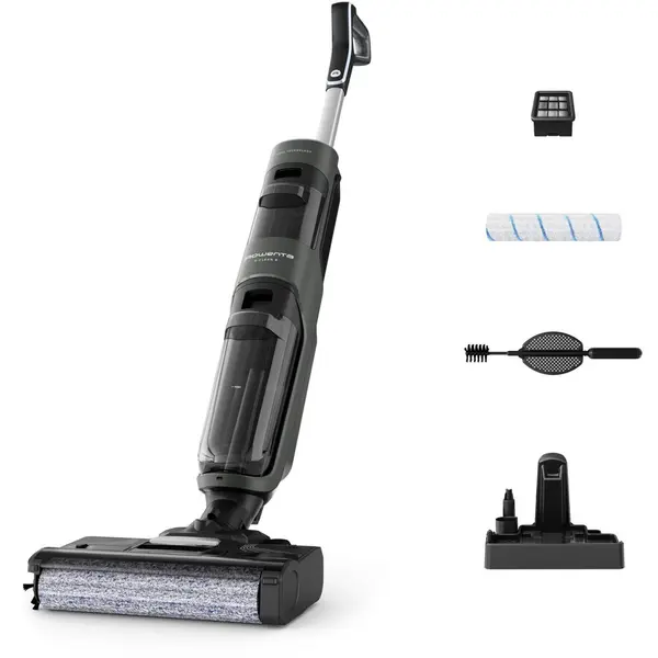 Rowenta Aspirator vertical fara fir cu spalare Rowenta X-Clean 4 GZ5037WO, 200W, 425 RPM, pana la 50 min autonomie, ecran LED, functie autocuratare, baza de incarcare cu suport accesorii, compatibil cu detergent, gri & negru