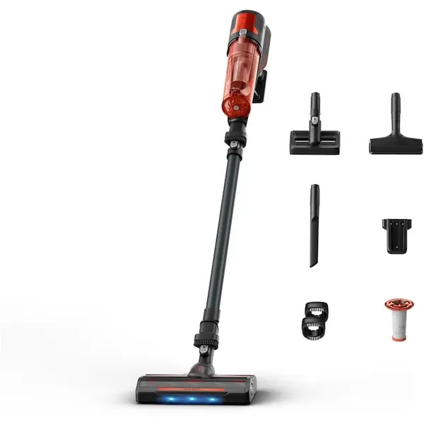 Rowenta Aspirator vertical fara fir Rowenta X-Force 8.80 Animal RH1831E0, 250 W, 100 air watts, autonomie 45 min, filtrare 99.9%, perie cu LED, panou Digital Control, filtru lavabil, greutate redusa 1.3 Kg, rosu / negru