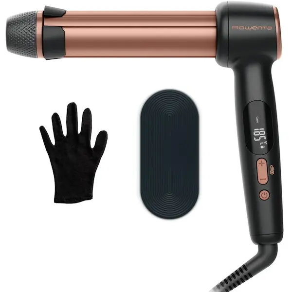 Rowenta Ondulator par Rowenta Twist Curl CF4620E0, 75W, 4 trepte de temperatura 150 - 210°C, ajustabil pe 3 diametre 27 - 32 - 38 mm, invelis ceramic, forma unica de L, negru/roz
