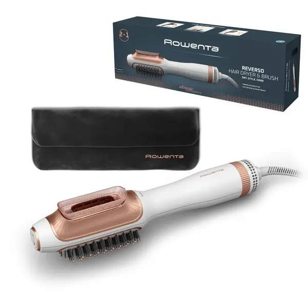 Rowenta Uscator de par si perie cu aer cald Rowenta Reverso 2 in 1 CF9820F0, 1200W, 2 trepte de viteza/temperatura, husa transport inclusa, functie Care, alb & auriu
