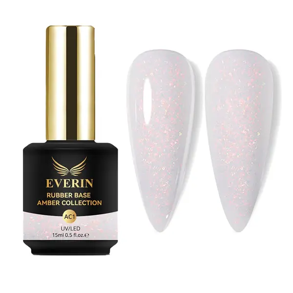 Rubber Base Everin Amber Collection 01 – Bază rubber Translucidă cu Fulgi Irizați Roz-Aurii, HEMA & TPO Free, 15ml