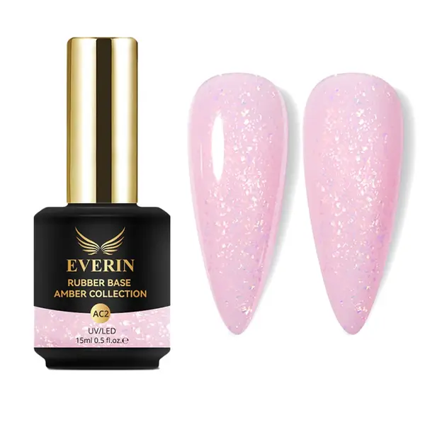 Rubber Base Everin Amber Collection 02 – Bază rubber Roz-Lăptos cu Fulgi Irizați, HEMA & TPO Free, 15ml