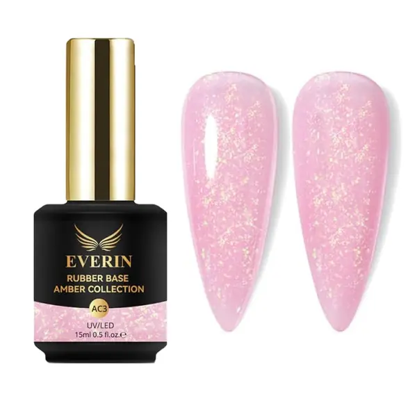 Rubber Base Everin Amber Collection 03 – Bază rubber Roz Pastel cu Fulgi Aurii Irizați, HEMA & TPO Free, 15ml