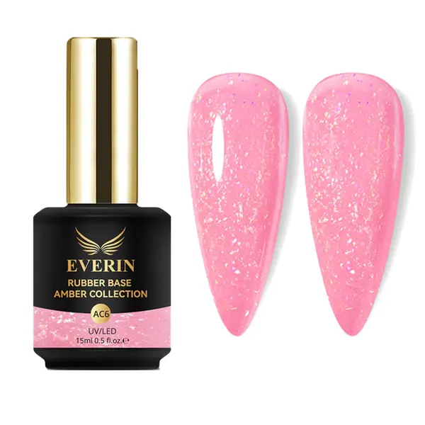Rubber Base Everin Amber Collection 06 – Bază rubber Roz Neon cu Fulgi Irizați, HEMA & TPO Free, 15ml