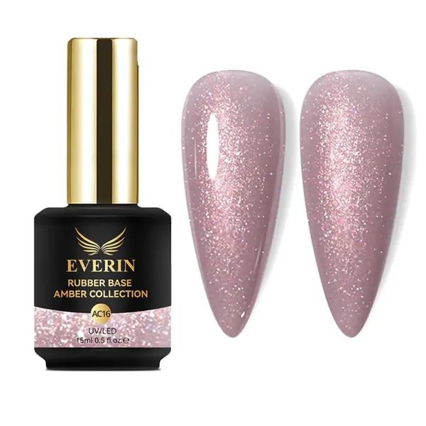 Rubber Base Everin Amber Collection 16 – Bază rubber Nude Cupru cu Sclipici, HEMA & TPO Free, 15ml