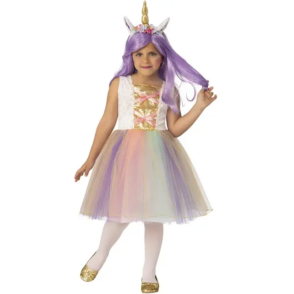 Rubies Costum de carnaval Rubies Unicorn Princess Costume, Roz, Rochie cu trunchi si maneci pufoase, fusta tutu stratificata si sclipitoare