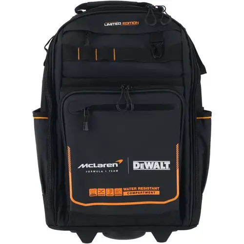 Rucsac cu roti si maner telescopic DeWALT DWST60101-9, editie limitata McLaren, buzunare multiple, piese acoperite cu metal, compartiment impermeabil, baza impermeabila, material durabil, structura consolidata