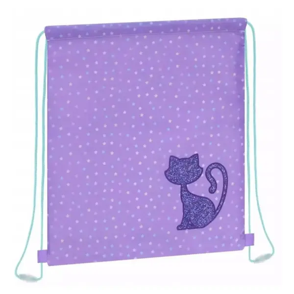 Rucsac cu snur pentru copii, imprimeu Glitter Cat, mov, 38x33 cm