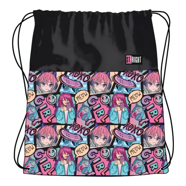 Rucsac cu snur pentru copii St. Right Manga Girl, negru, 38x33 cm