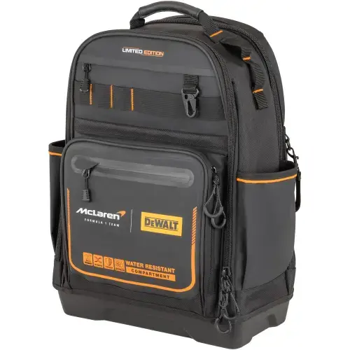 Rucsac DeWALT DWST60122-1, editie limitata McLaren, buzunare multiple, piese acoperite cu metal, compartiment impermeabil, baza impermeabila, material durabil, structura consolidata
