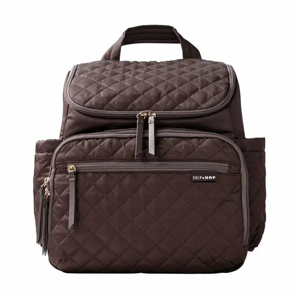 Rucsac pentru mamici, Skip Hop, Compartimentat, Matlasat, Cu multiple buzunare, Include 2 gentute mai mici pentru depozitare si salteluta de infasat, 41x20x36 cm, Ciocolatiu