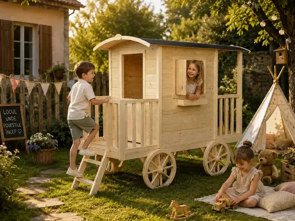 Rulota loc de joaca din lemn pentru copii Caravana