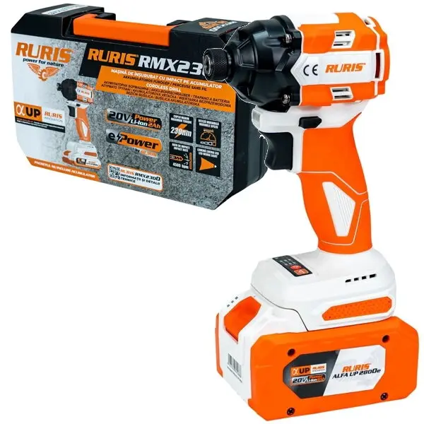 Ruris Masina de insurubat cu impact pe acumulator RURIS RMX2300, Li-Ion, 20 V, 4 Ah, 230 Nm, suruburi standard M8-M18, valiza plastic