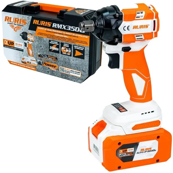 Ruris Masina de insurubat cu impact pe acumulator RURIS RMX3500, Li-Ion, 20 V, 4 Ah, patrat 1/2 inch, 350 Nm, suruburi standard M8-M18, valiza plastic