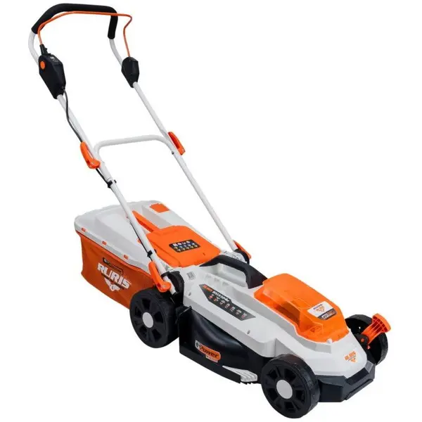 Ruris Masina de tuns gazon pe acumulator RXI3324E, 20V, latime lucru 33 cm, 5 nivele taiere, 25-75 mm, cos 30 litri, fara acumulator, incarcator, Alb-Portocaliu