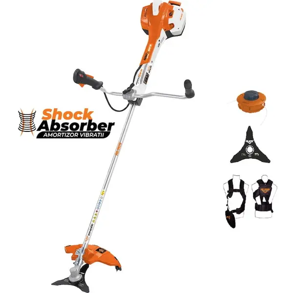 Ruris Motocoasa Ruris RR400C, putere 2.8 CP, 41.2 cm3, 2 timpi, 255 mm latime taiere, pornire manuala, 1 l benzina, autocut, cutit cu 3 dinti, sistem antivibratie