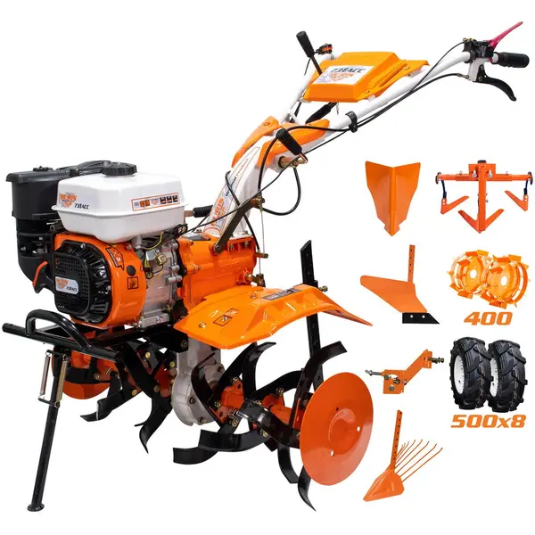 Ruris Motocultor pe benzina Ruris 731acc1, putere 8.5 CP, 4 timpi, 2+1 viteze, 83 cm latime lucru, 34 cm adancime lucru, priza de putere,contine:roti cauciuc+rarita+plug+adaptor+dispozitiv scos cartofi+roti metalice+cultivator