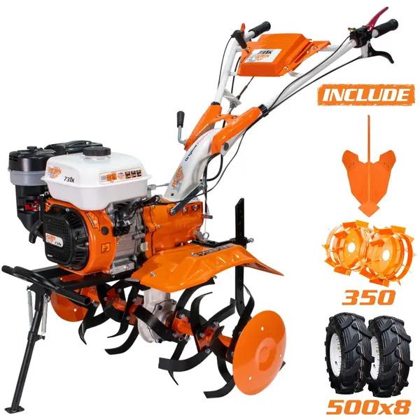 Ruris Motocultor pe benzina Ruris 731k, putere 8.5 CP, 4 timpi, 2+1 viteze, priza de putere, 34 cm adancime maxima, 83 cm latime lucru, contine: roti cauciuc + rarita ajustabila + roti metalice