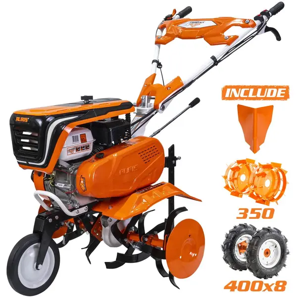 Ruris Motosapa pe benzina Ruris 7500ACC1, putere 7 CP, 208 CC, 4 timpi, 2+1 viteze, 83 cm laltime lucru, 29 cm adancime lucru,contine: freze + roti cauciuc + rarita + roti metalice 350 fara manicot