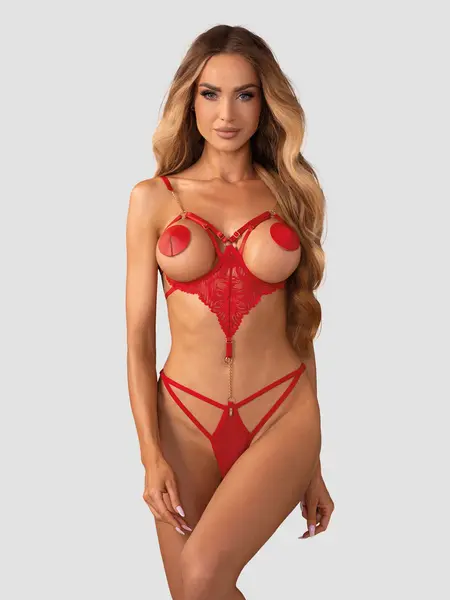 S/M - Body crotchless din dantela fara cupe Matildea Rosu