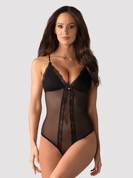 S/M - Body crotchless din tul si dantela 841 Negru