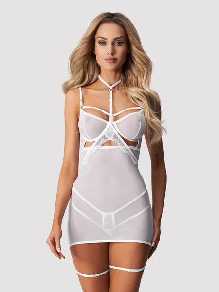 S/M - Camasuta seducatoare din tul cu accesoriu de gat si portjartier incluse Arrowel w Alb