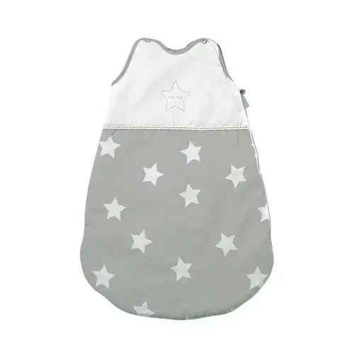 Sac de dormit de vara Lorelli Stars Grey, 0-6 luni, cu broderie, bumbac 100%, inchidere cu capse pe umar si fermoar lateral