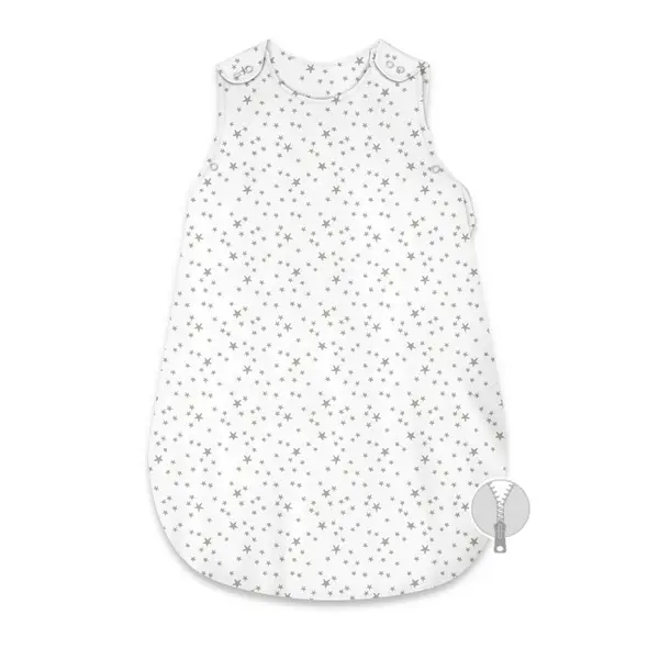 Sac de dormit, MimiNu, Pentru bebelusi, De iarna, Din bumbac certificat Oeko Tex Standard 100, Cu fermoar lateral, Cu capse pe umar, 74 cm, 0 - 6 luni, 2.5 Tog, Mini Gray Stars