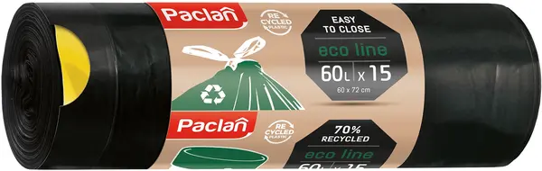 Saci de gunoi cu legături Paclan - Ecoline, 60 l, 15 buc., negre