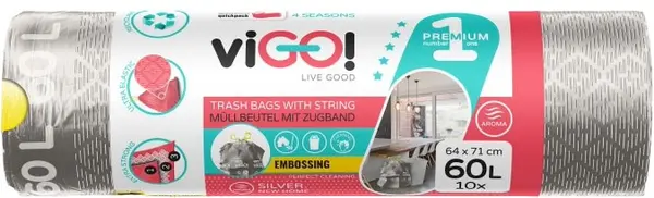 Saci de gunoi cu legături viGO! - Premium #1, 60 l, 10 buc, argintiu