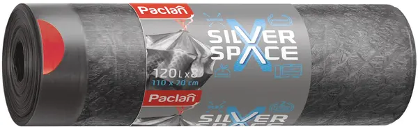 Saci de gunoi elastici cu legături Paclan - Silver Space, 120 l, 8 buc., gri