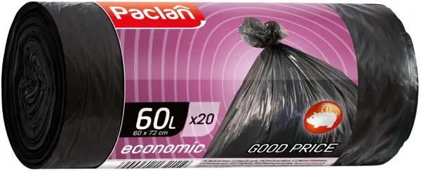 Saci de gunoi Paclan - Economic, 60 l, 20 buc., negre
