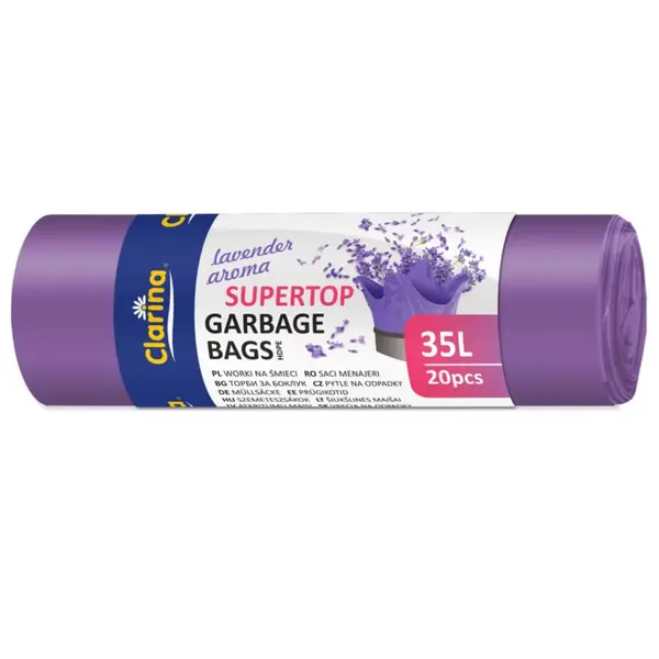 Saci menajeri Clarina 35L cu urechi de prindere 20 buc/rola mov lavanda Saci menajeri Clarina 35L cu urechi de prindere 20 buc/rola mov lavanda