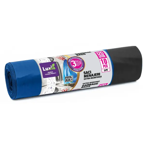 Saci menajeri cu snur Luxia 120 litri 10 buc/rola LDPE albastri Saci menajeri cu snur Luxia 120 litri 10 buc/rola LDPE albastri