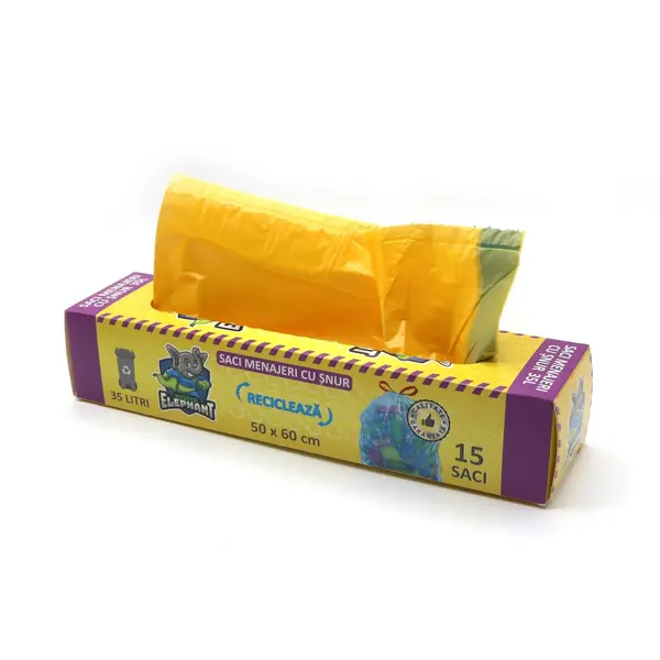 Saci menajeri cu șnur Mr. Elephant 35L, galben – 15 saci/rolă