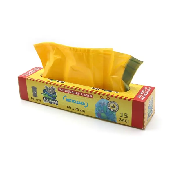 Saci menajeri cu șnur Mr. Elephant 60L, galben – 15 saci/rolă