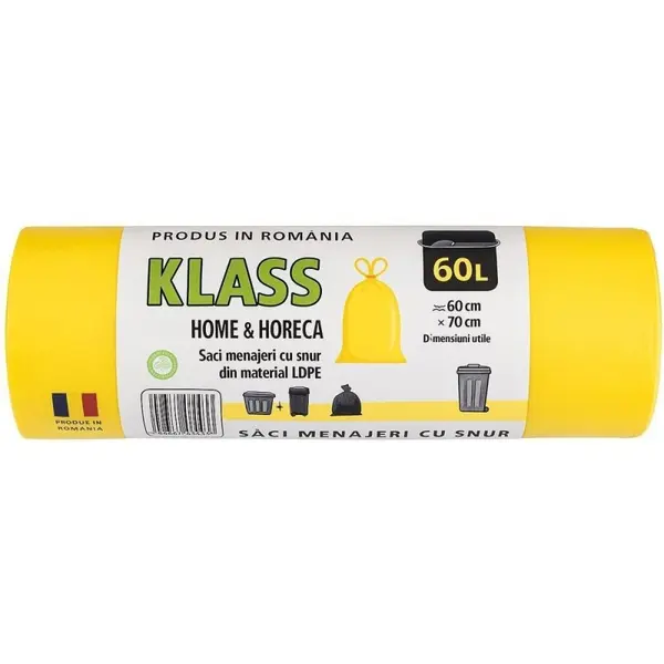 Saci Menajeri Klass, 60 l, Galbeni cu Snur, 10 Bucati